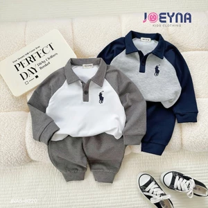 Bộ thu đông da cá thêu ngựa tay phối trơn màu basic cho bé, set bộ thu đông