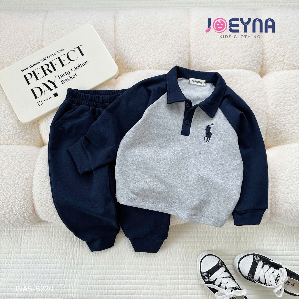 Bộ thu đông da cá thêu ngựa tay phối trơn màu basic cho bé, set bộ thu đông