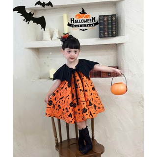 [ Tutuchan ] Đầm Hallowen thiết kế cho bé gái cánh dơi, họa tiết mà cam đen - TV05