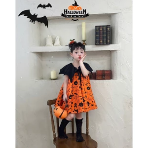 Đầm Hallowen thiết kế cho bé gái cánh dơi, họa tiết mà cam đen - TV05