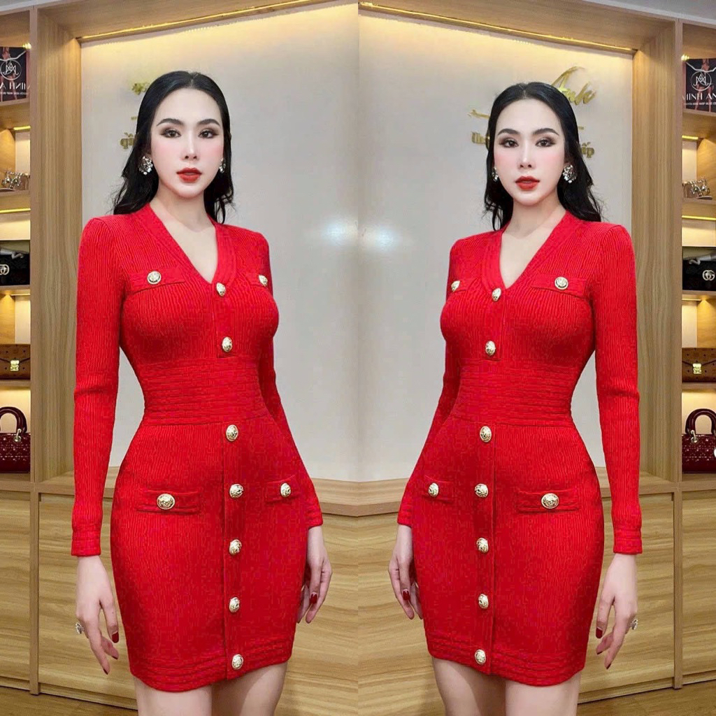 Đầm body len nút tay dài sieu cap màu đỏ đen