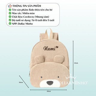 Balo Thêu Tên dành cho bé từ 0 đến 5 tuổi, đựng đồ dùng, quần áo cho bé đi học, chất liệu nhung tăm