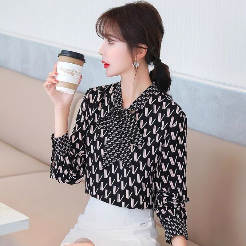 Áo Sơ Mi Nữ Họa Tiết Chữ V Thắt Nơ Cổ Tay Dài Chất Mango Mềm Mịn Thanh Lịch Công Sở