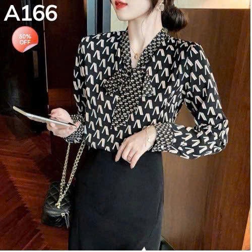 Áo Sơ Mi Nữ Họa Tiết Chữ V Thắt Nơ Cổ Tay Dài Chất Mango Mềm Mịn Thanh Lịch Công Sở