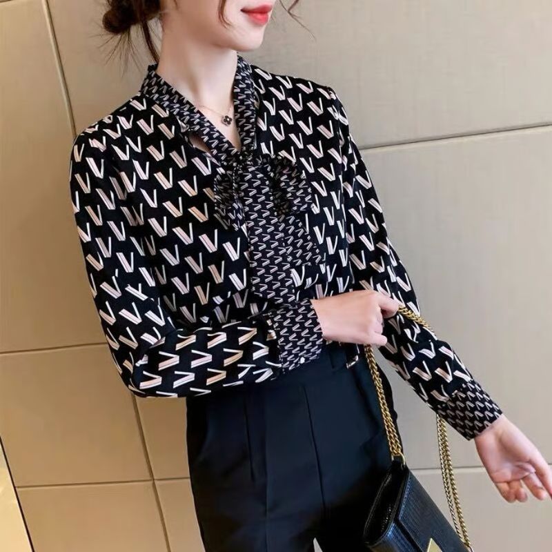 Áo Sơ Mi Nữ Họa Tiết Chữ V Thắt Nơ Cổ Tay Dài Chất Mango Mềm Mịn Thanh Lịch Công Sở