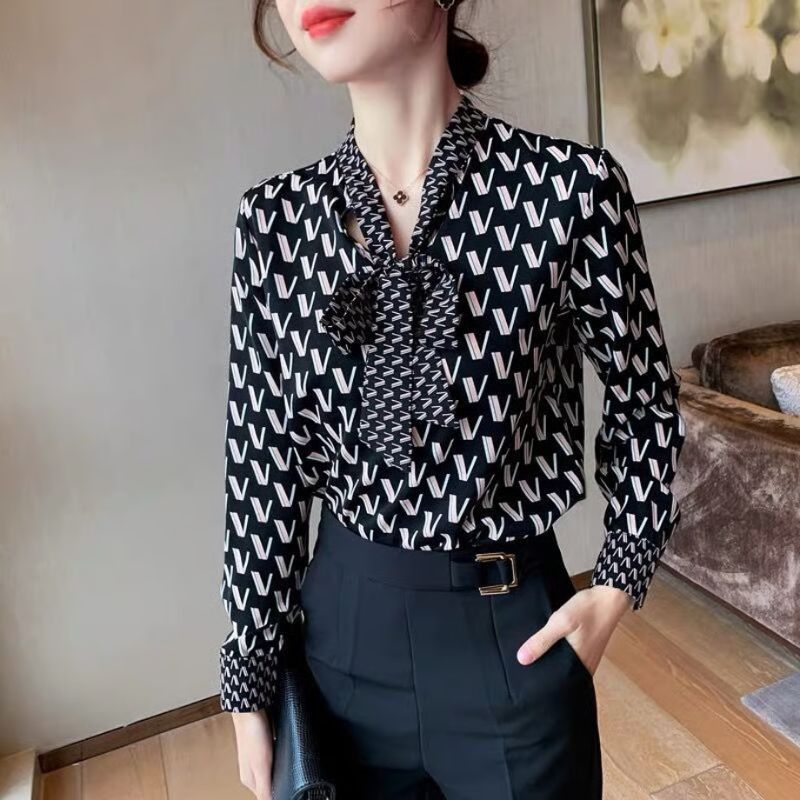 Áo Sơ Mi Nữ Họa Tiết Chữ V Thắt Nơ Cổ Tay Dài Chất Mango Mềm Mịn Thanh Lịch Công Sở