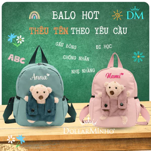 Balo THÊU TÊN dành cho bé đi học mẫu giáo, từ 0 đến 5 tuổi, thiết kế khóa kéo tiện lợi cho bé