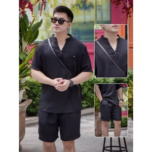 Bộ Đũi Nam GUDO Đồ Bộ Nam Chất Liệu Đũi Vân Mây Xuất Hàn Thoáng Mát Cổ Chữ V Phong Cách G02