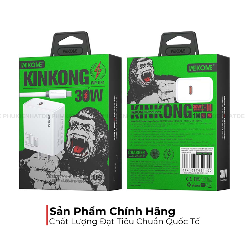Bộ Sạc WEKOME WP-U61 30W Chính Hãng – Sạc Nhanh PD Type-C, Nhỏ Gọn Tiện Lợi Kèm Cáp Chống Rối