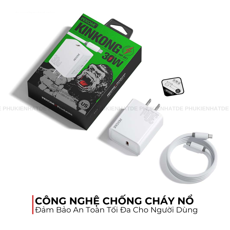 Bộ Sạc WEKOME WP-U61 30W Chính Hãng – Sạc Nhanh PD Type-C, Nhỏ Gọn Tiện Lợi Kèm Cáp Chống Rối