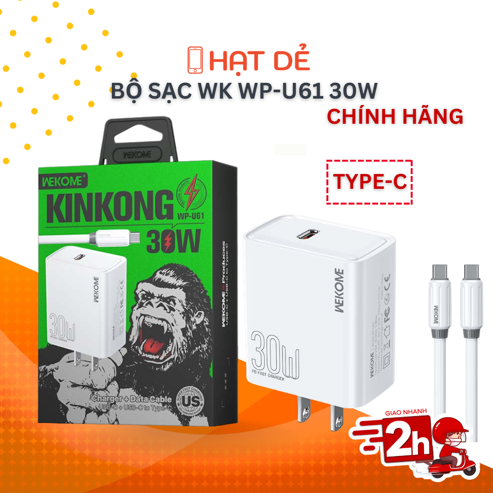 Bộ Sạc WEKOME WP-U61 30W Chính Hãng – Sạc Nhanh PD Type-C, Nhỏ Gọn Tiện Lợi Kèm Cáp Chống Rối