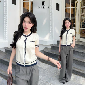 DELIZ - Áo len phối cúc dáng cardigan cộc tay kẻ viền chất len lông thỏ tiểu thư mùa thu đông PL44