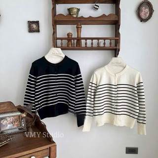 LT - Áo len dài tay kẻ sọc ngang ngực, len mongtoghi khuy cài cadigan style vintaget 1331