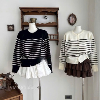 LT - Áo len dài tay kẻ sọc ngang ngực, len mongtoghi khuy cài cadigan style vintaget 1331