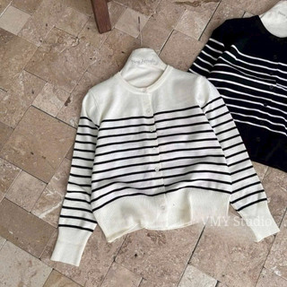 LT - Áo len dài tay kẻ sọc ngang ngực, len mongtoghi khuy cài cadigan style vintaget 1331