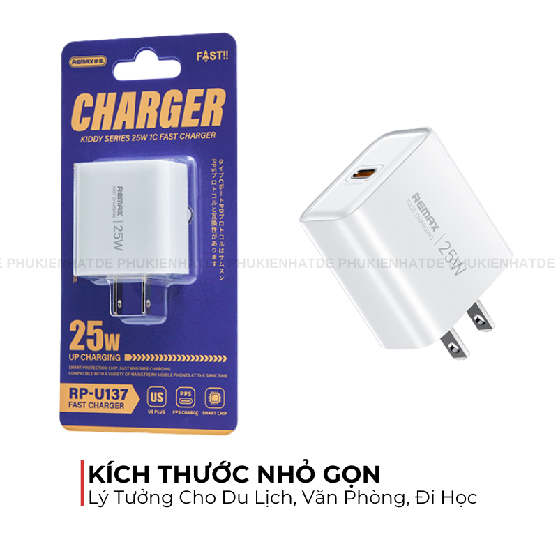 Củ Sạc Nhanh Remax RP-U137 25W PD1C – Kiddy Series, Hỗ Trợ PPS / QC / PD