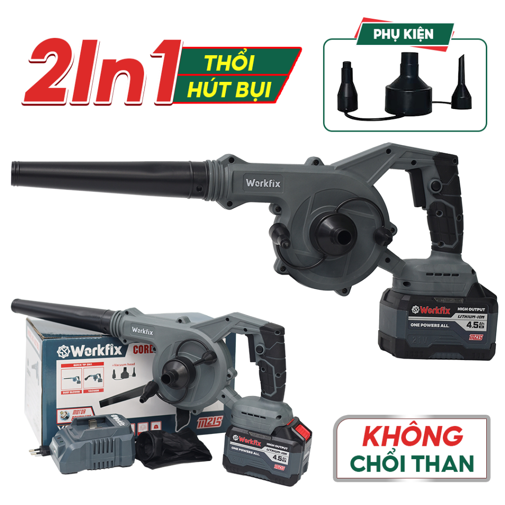 Máy Thổi/Hút Bụi WF-AB775BL Workfix Công Suất 650W Chân Phổ Thông 10Cell Không Chổi Than Tốc Độ Gió Mạnh