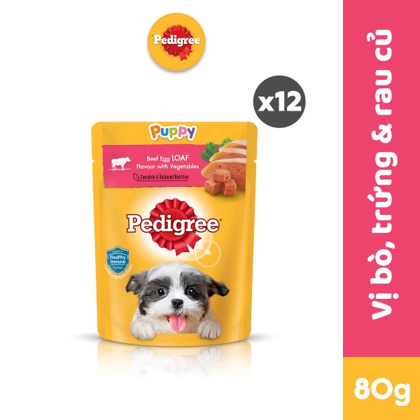 Thức Ăn Cho Chó Con Dạng Sốt PEDIGREE NutriDefence - Vị Bò, Trứng và Rau (80g, 12 Gói)
