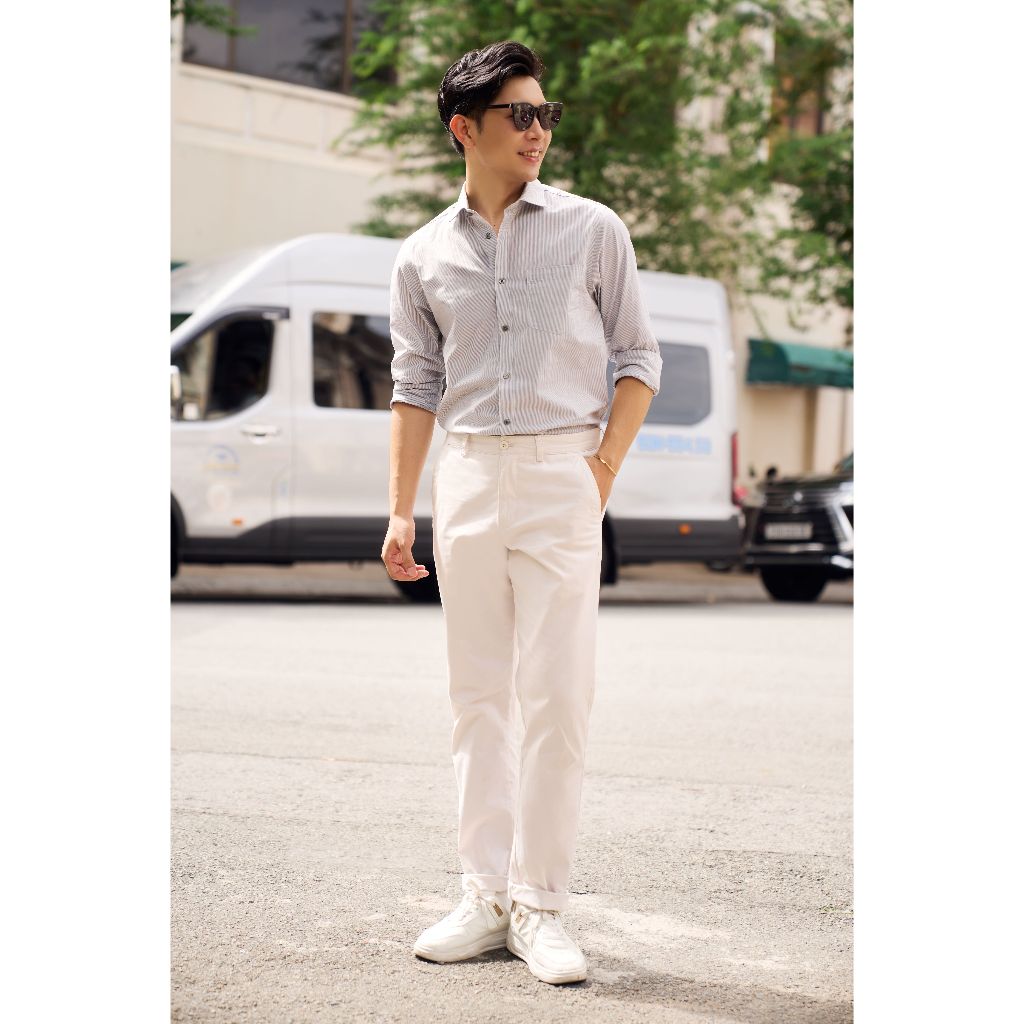 Áo Sơ Mi Nam Dài Tay NINOMAXX Xám Kẻ Sọc Chất Cotton Thoáng Mát Form Slimft Tôn Dáng 2101083