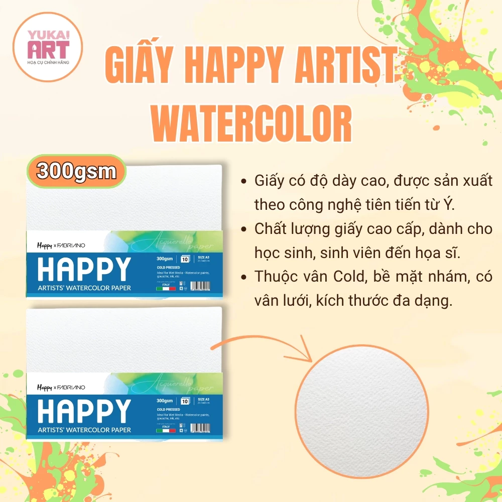 [Hỏa tốc HCM] Giấy Vẽ Màu Nước, bột, gouache, acrylic HAPPY vân Cold 300gsm & Sổ Lò xo 250gsm SALE