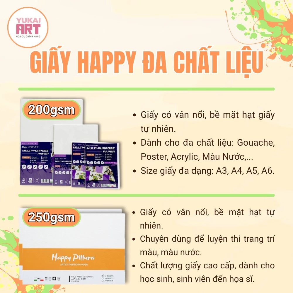 [Hỏa tốc HCM] Giấy Vẽ Màu Nước, bột, gouache, acrylic HAPPY vân Cold 300gsm & Sổ Lò xo 250gsm SALE