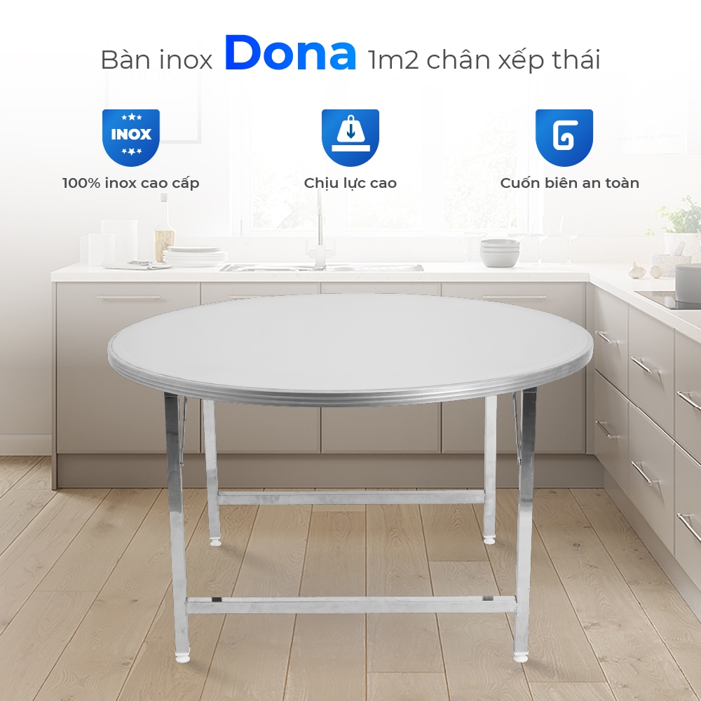 [FREESHIP] Bàn inox gấp gọn 1m2 Dona Evo QUI PHÚC, inox 201 cao cấp, sáng bóng, bàn ăn gia đình
