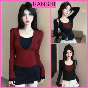 Áo Thun Dài Tay Phối 2 Lớp Đỏ Đen RANSHI Tiểu Thư Hotgirl Dễ Phối Đồ Cotton Mềm Mát - RA339