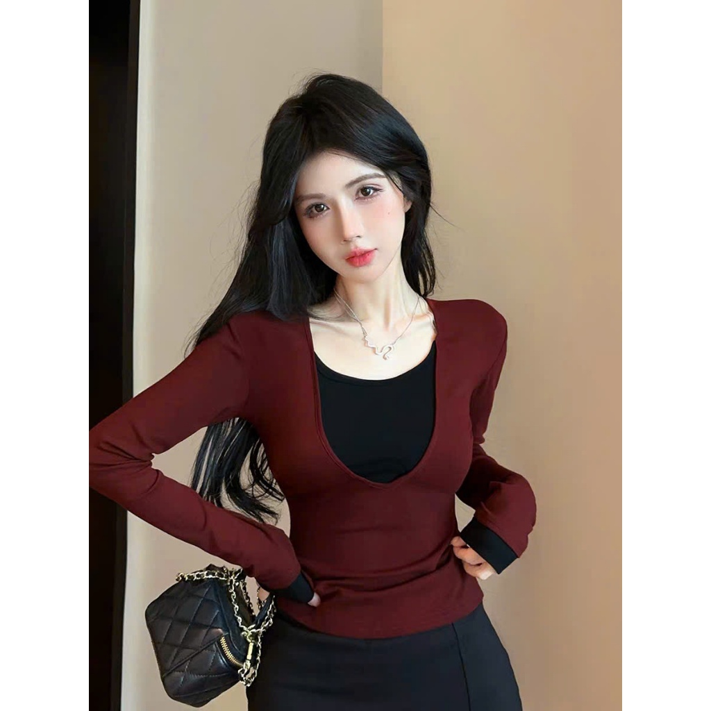[CHẤT COTTON LOẠI 1] Áo Thun Dài Tay Phối 2 Lớp Đỏ Đen RANSHI Tiểu Thư Hotgirl Dễ Phối Đồ Cotton Mềm Mát - RA339