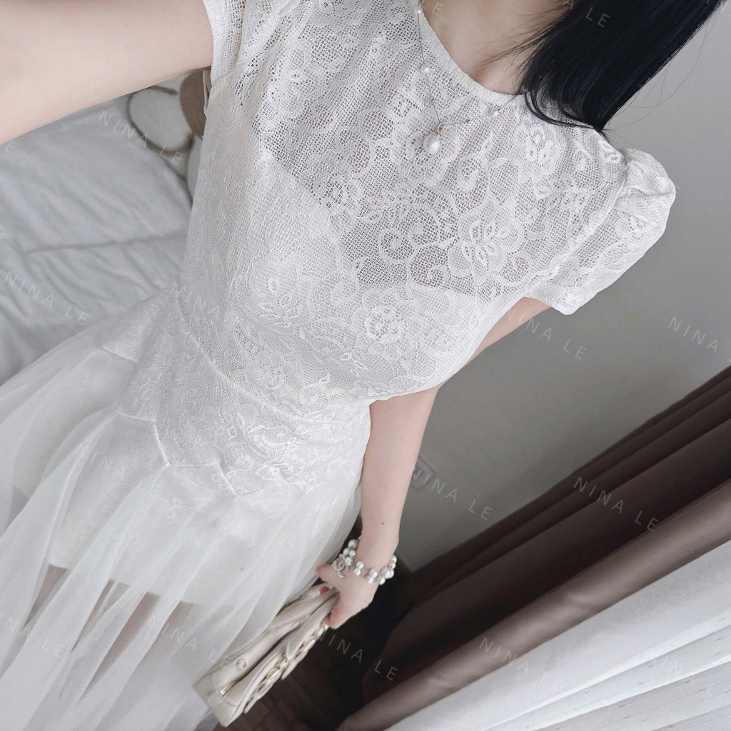 đầm ren tiểu thư tay phồng phối lưới dài thướt tha, đầm thiết kế đi tiệc 2 màu trắng đen dễ phối phụ kiện
