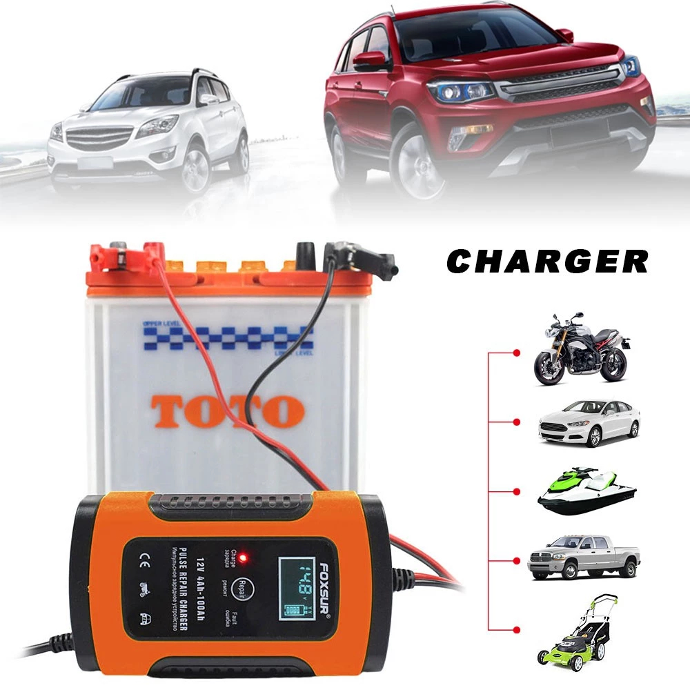 Sạc Bình Ắc Quy FOXSUR  12V 4Ah-100Ah Tự Ngắt Khi Đầy Phục Hồi & Khử Sunfat Cho Xe Máy Ô Tô Xe Điện
