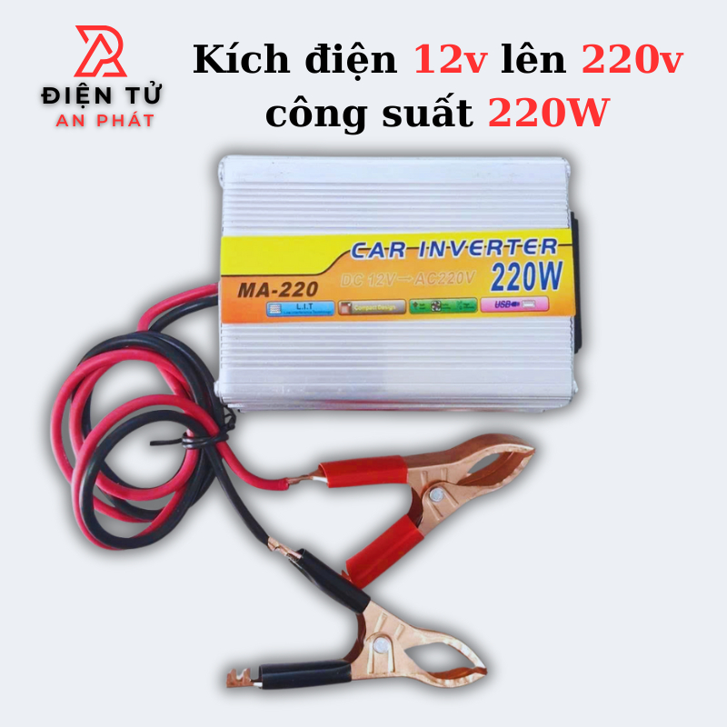 Bộ Biến Tần Kích điện ắc quy 12v lên 220v 220W tích hợp cổng USB 5V dùng cho ắc quy sạc năng lượng mặt trời.