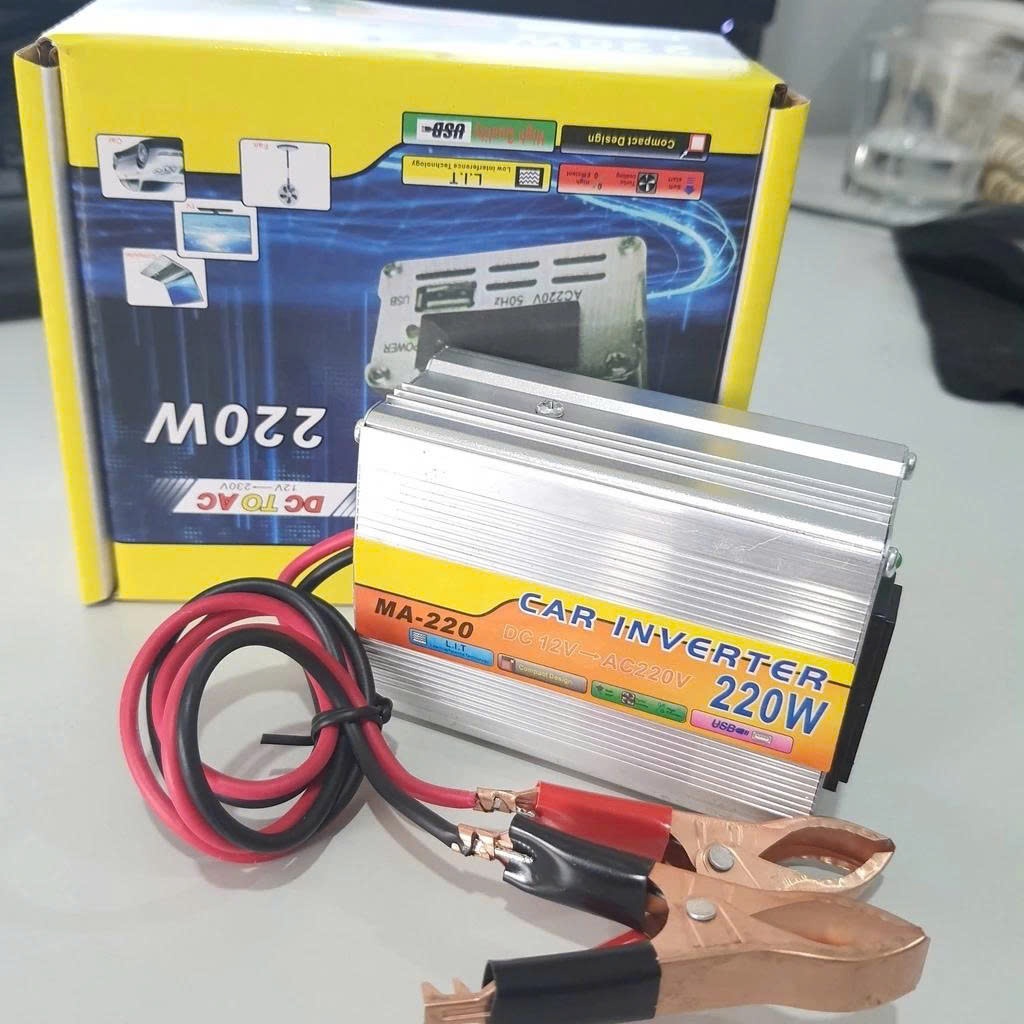 Bộ Biến Tần Kích điện ắc quy 12v lên 220v 220W tích hợp cổng USB 5V dùng cho ắc quy sạc năng lượng mặt trời.