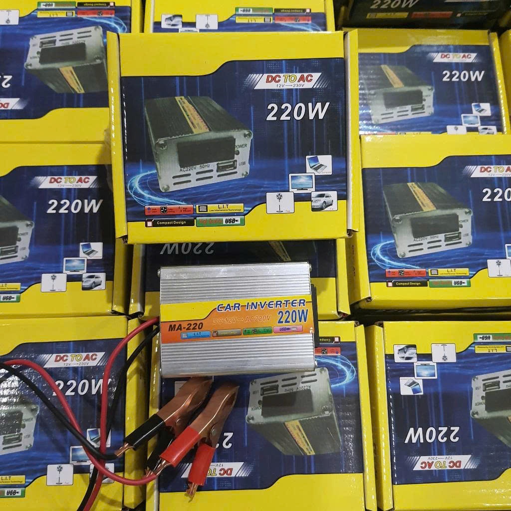 Bộ Biến Tần Kích điện ắc quy 12v lên 220v 220W tích hợp cổng USB 5V dùng cho ắc quy sạc năng lượng mặt trời.