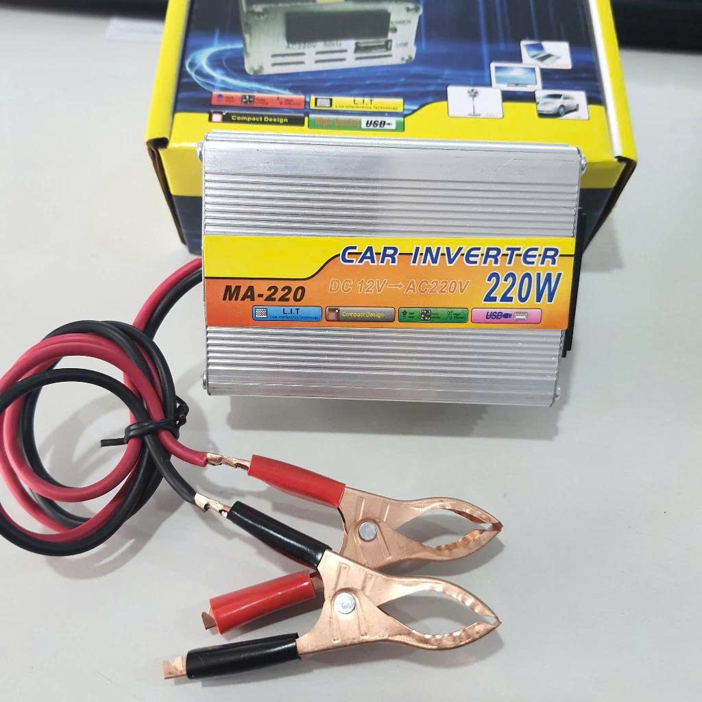 Bộ Biến Tần Kích điện ắc quy 12v lên 220v 220W tích hợp cổng USB 5V dùng cho ắc quy sạc năng lượng mặt trời.
