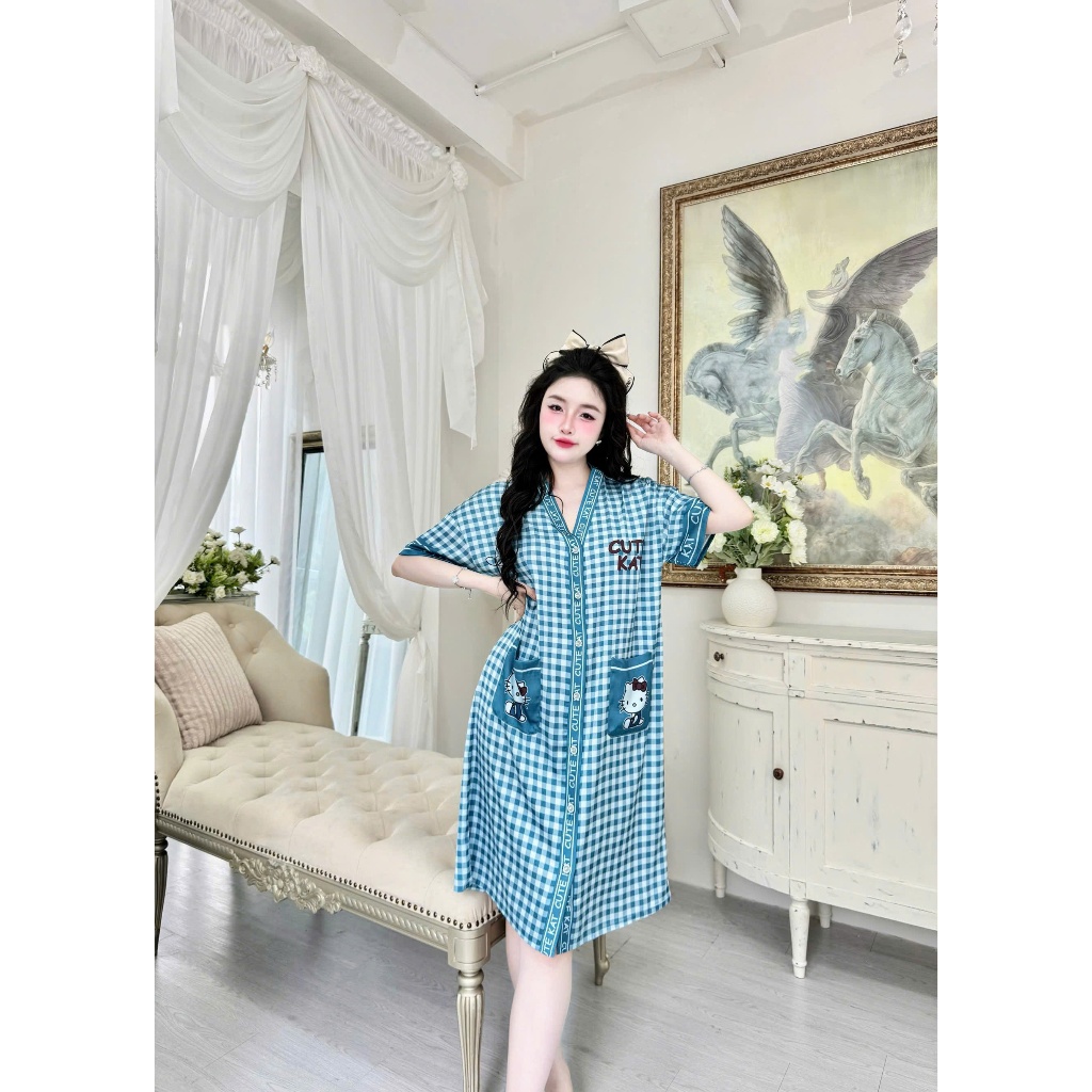 Đầm ngủ nữ Vy Linh chất liệu lụa latin cổ V thoáng mát thấm hút mồ hôi tốt, mềm mại S971 caro