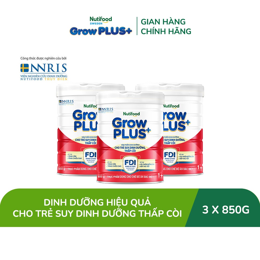 Combo 3 Sữa Bột Nutifood GrowPLUS+ Đỏ (Suy Dinh Dưỡng) dành cho bé trên 1 tuổi (3 lon x 850g)