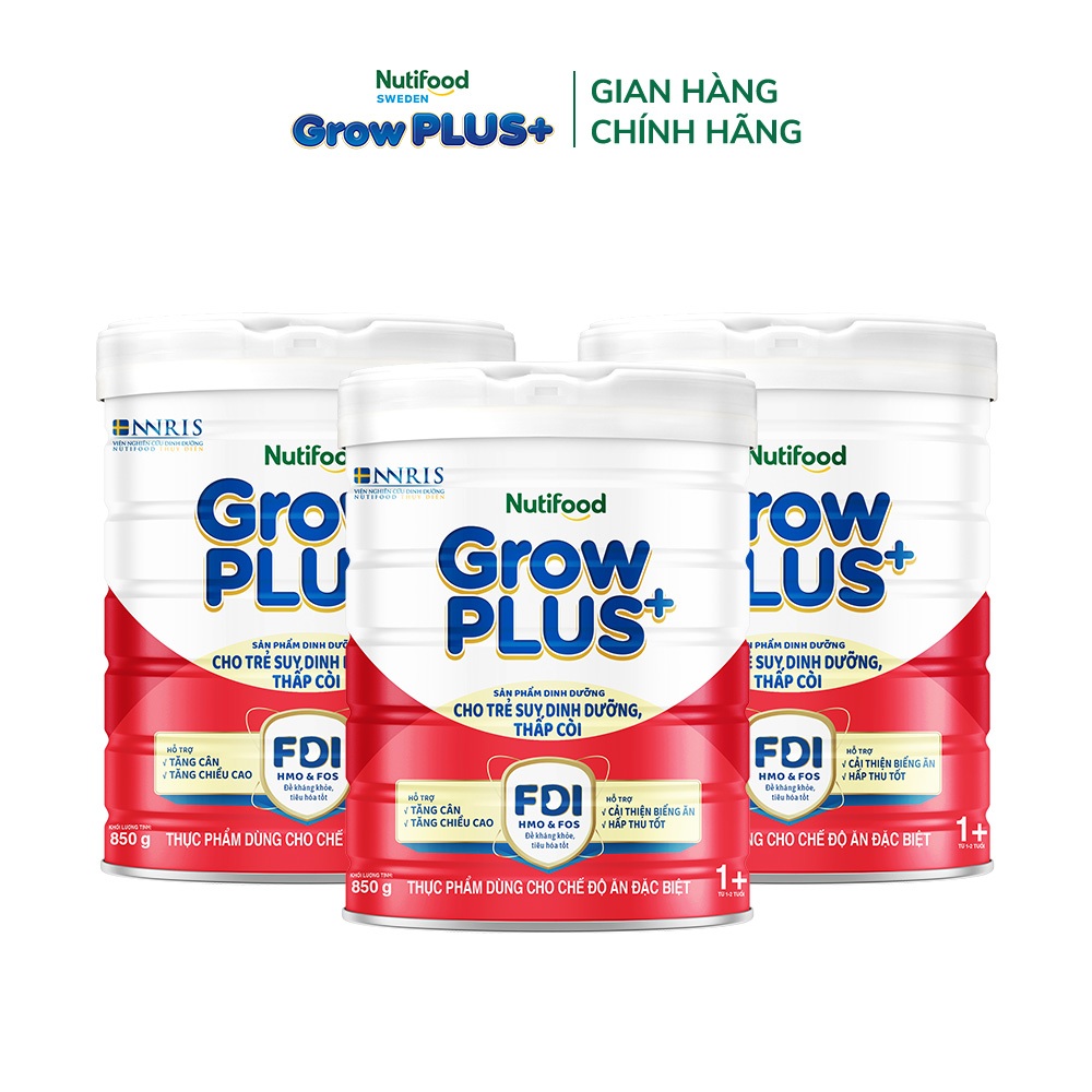 Combo 3 Sữa Bột Nutifood GrowPLUS+ Đỏ (Suy Dinh Dưỡng) dành cho bé trên 1 tuổi (3 lon x 850g)