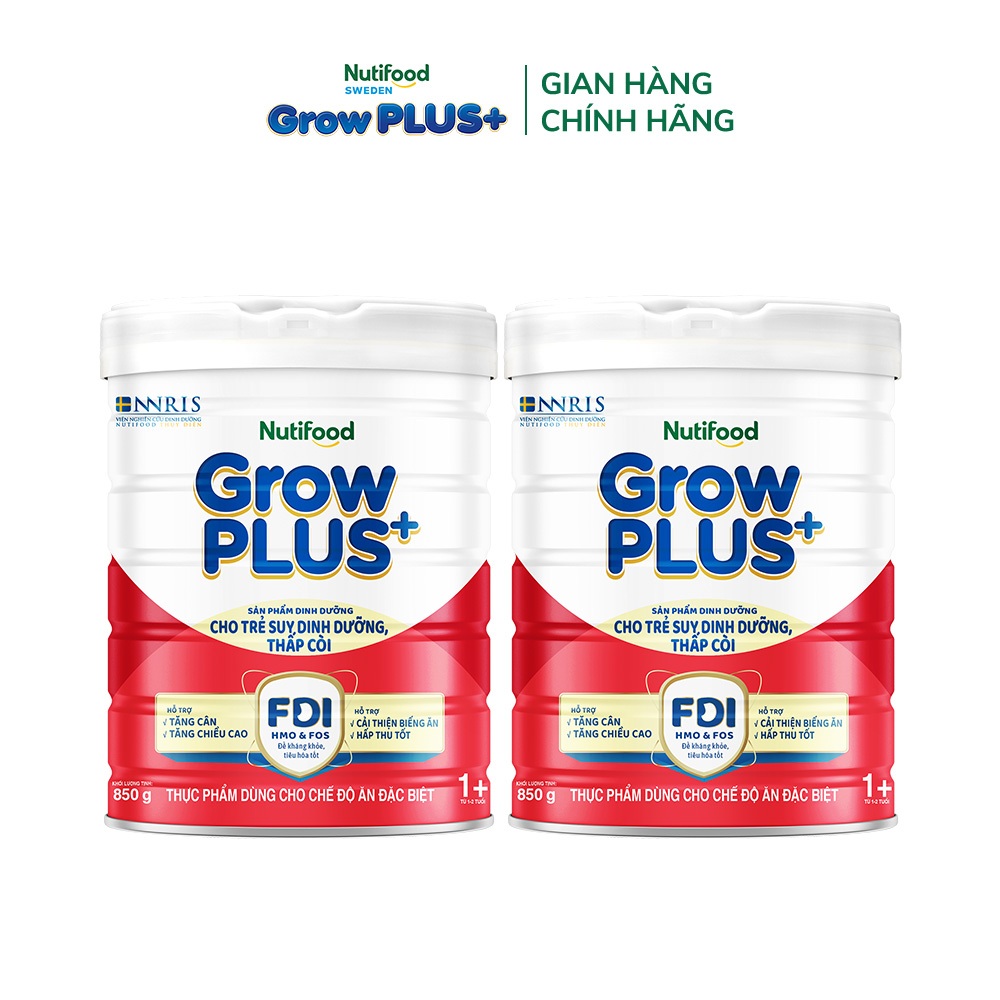 Combo 2 Sữa Bột Nutifood GrowPLUS+ Đỏ (Suy Dinh Dưỡng) 850g - Trên 1 Tuổi - Tăng Cân, Tăng Chiều Cao (2 Lon x Lon 850g)