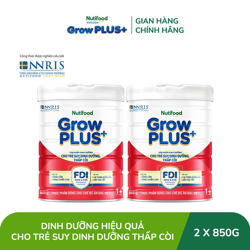 Combo 2 Sữa Bột Nutifood GrowPLUS+ Đỏ (Suy Dinh Dưỡng) 850g - Trên 1 Tuổi - Tăng Cân, Tăng Chiều Cao (2 Lon x Lon 850g)