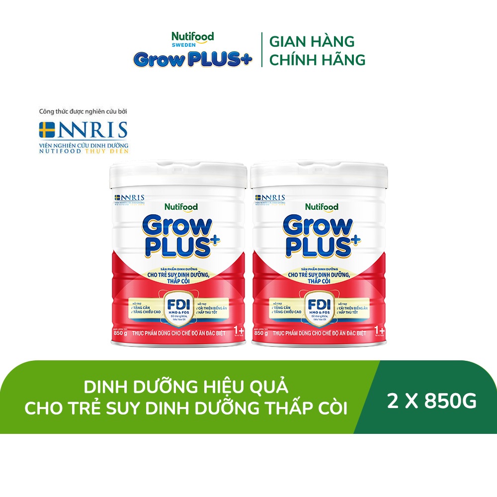 Combo 2 Sữa Bột Nutifood GrowPLUS+ Đỏ (Suy Dinh Dưỡng) 850g - Trên 1 Tuổi - Tăng Cân, Tăng Chiều Cao (2 Lon x Lon 850g)