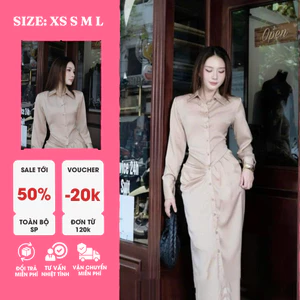 Đầm Lụa Tô Châu Sơ Mi Tay Dài Maxi – Nude, Thanh Lịch, Nữ Tính