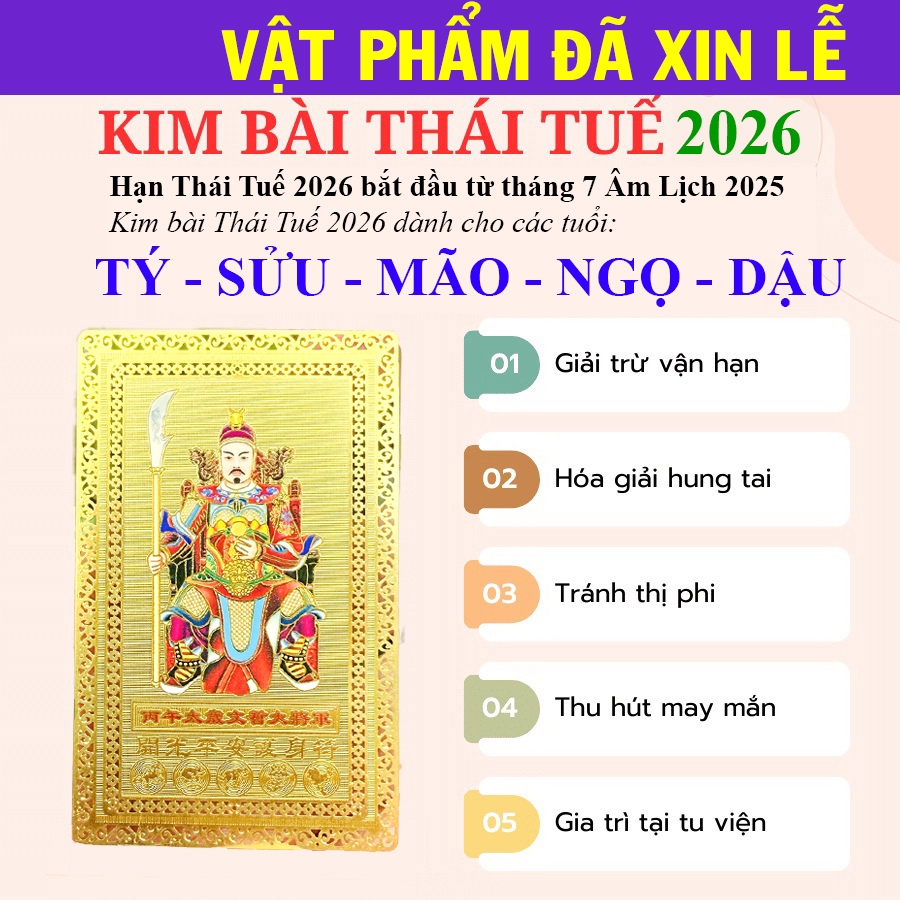 [ĐÃ KHAI QUANG] KIM BÀI THÁI TUẾ 2026 CHO 5 TUỔI TÝ - SỬU - MÃO - NGỌ - DẬU [bằng kim loại]