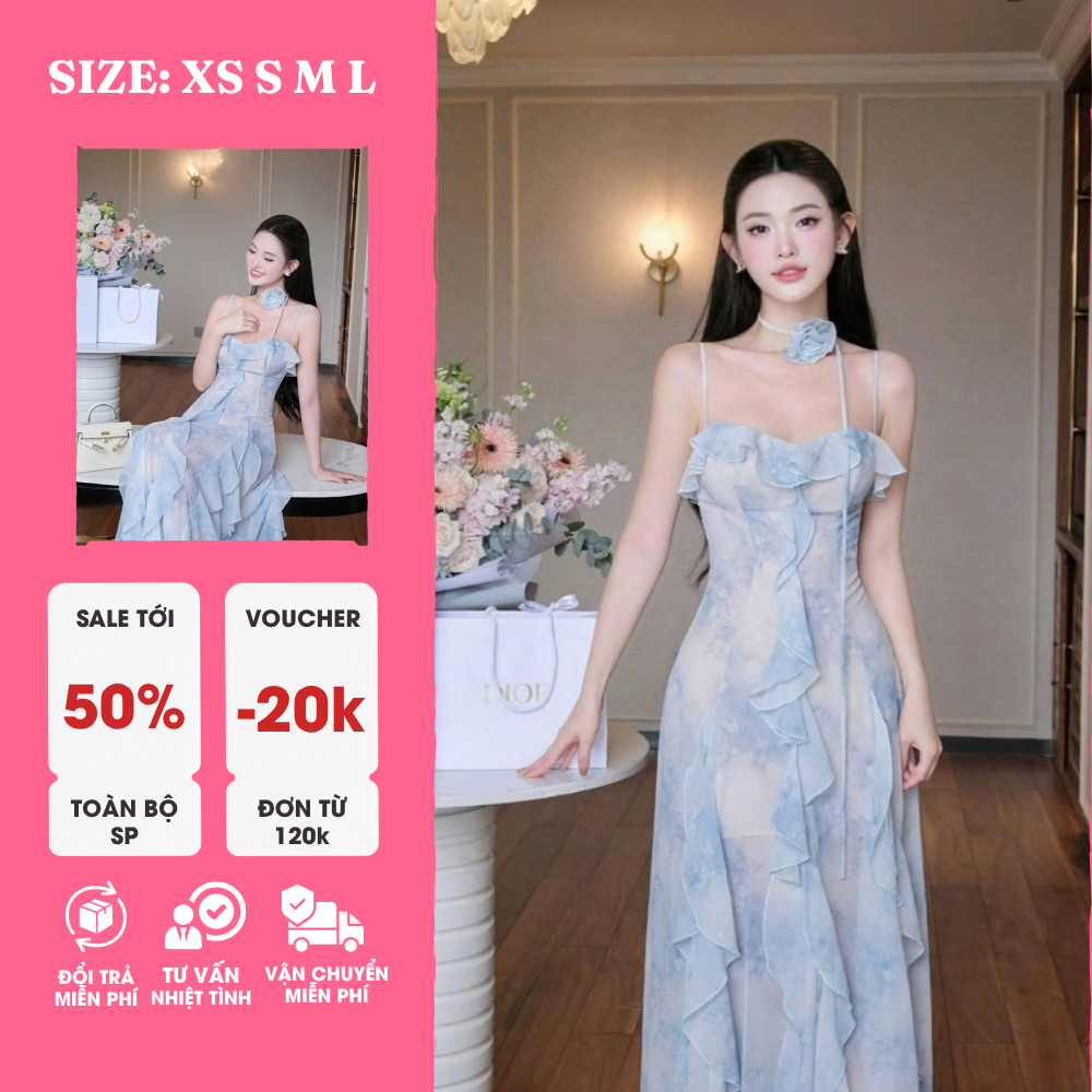 Đầm Maxi Hai Dây Voan Xanh Dương – Nữ Tính, Bay Bổng, Dạo Biển & Sống Ảo