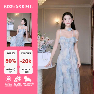 Đầm Maxi Hai Dây Voan Xanh Dương – Nữ Tính, Bay Bổng, Dạo Biển & Sống Ảo
