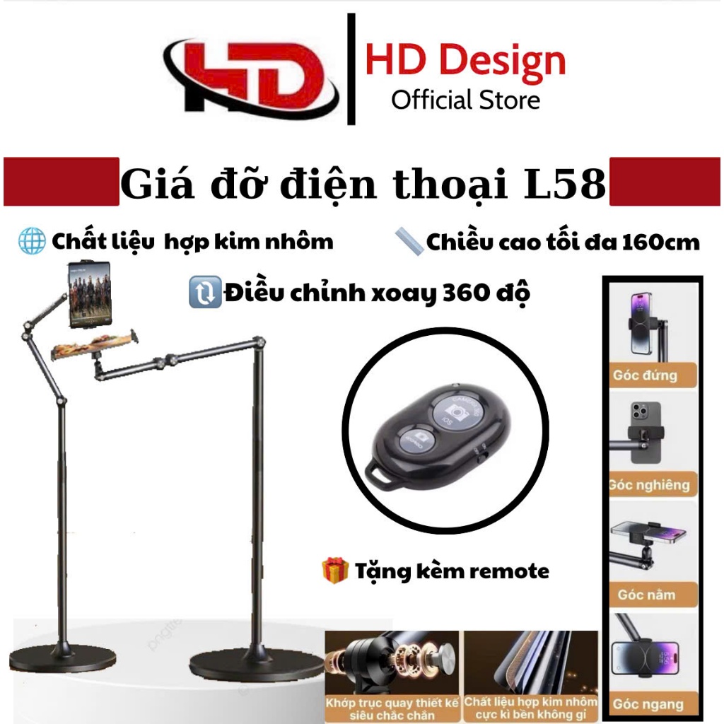 Giá Đỡ Điện Thoại L58 Xoay 360 Độ - Chất Liệu Kim Loại  - Tặng Kèm Remote - Chính Hãng HD Design