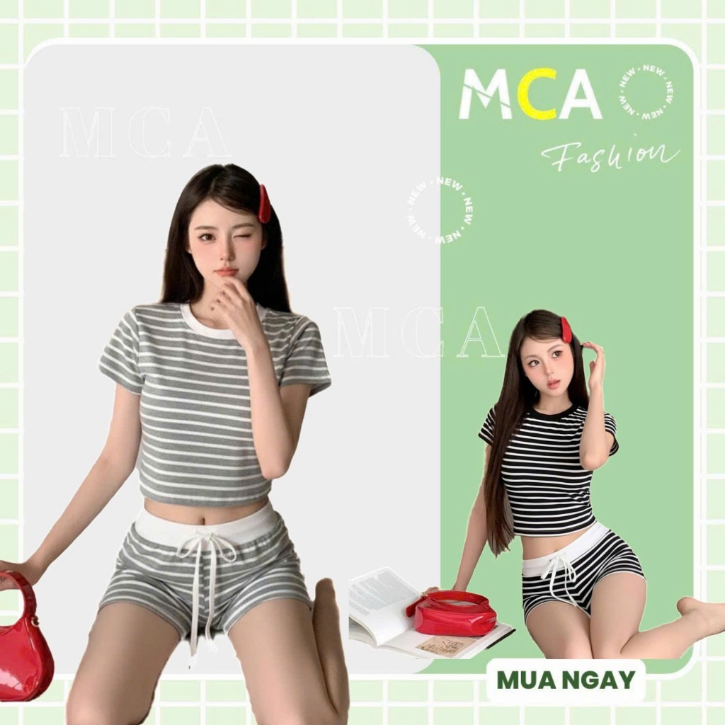 [Video Sp Thực Tế] Set Áo Thun Babytee Phối Kèm Quần Ngắn MCA Kiểu Kẻ Sọc Năng Động S097