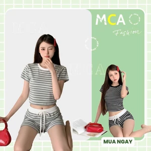 Set Áo Thun Babytee Phối Kèm Quần Ngắn MCA Kiểu Kẻ Sọc Năng Động S097