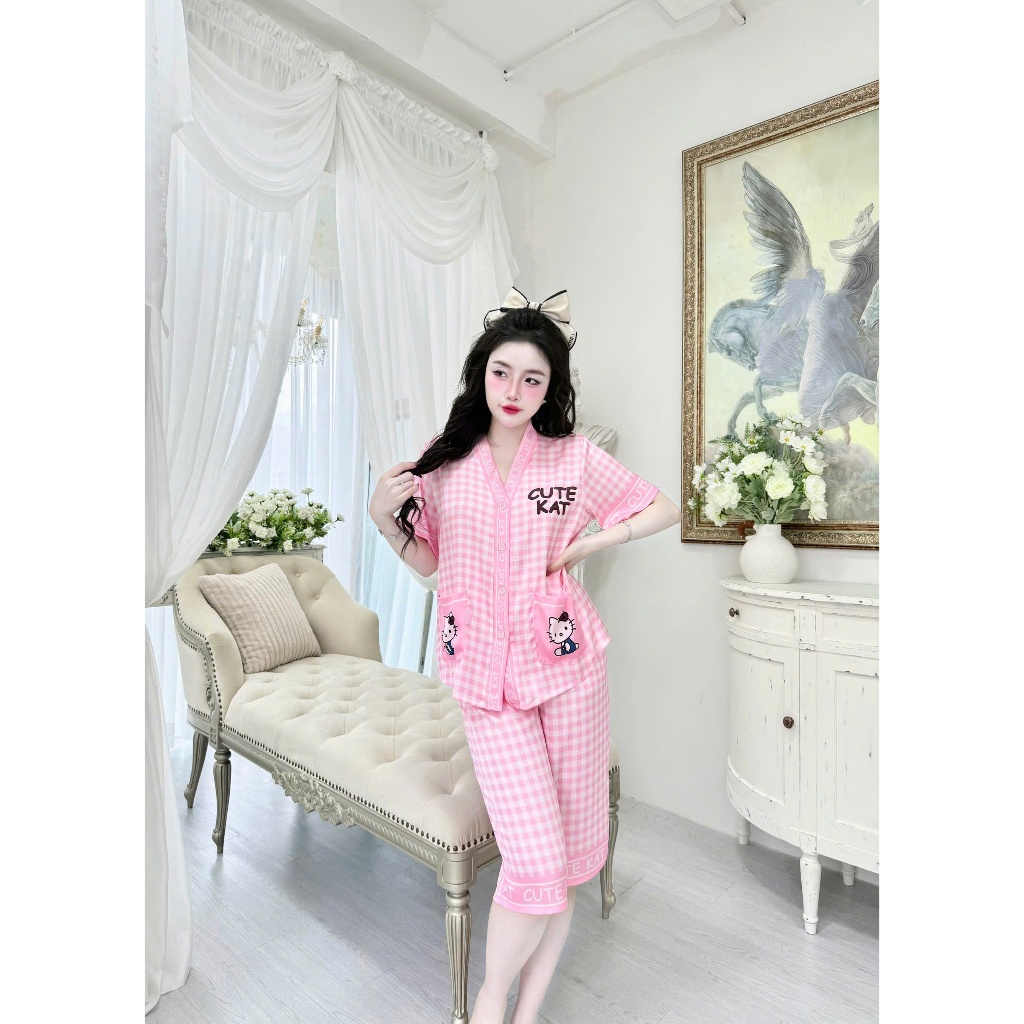 Bộ ngủ nữ cổ Y lửng chất liệu lụa latin thoáng mát thấm hút mồ hôi tốt, mềm mại S1235 caro