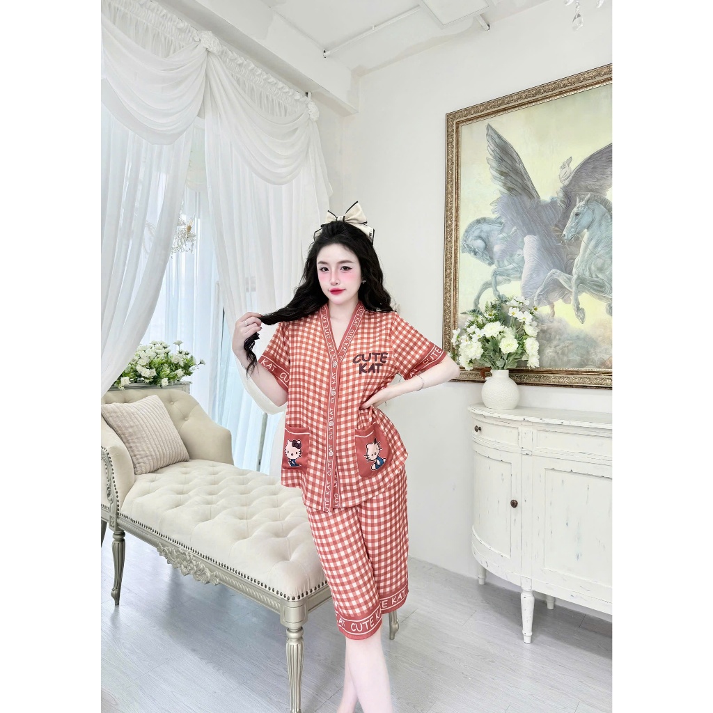 Bộ ngủ nữ cổ Y lửng chất liệu lụa latin thoáng mát thấm hút mồ hôi tốt, mềm mại S1235 caro