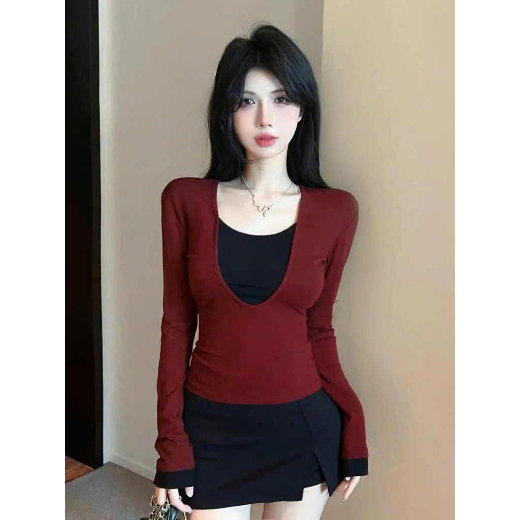 [CHẤT COTTON LOẠI 1] Áo Thun Dài Tay Phối 2 Lớp Đỏ Đen RANSHI Tiểu Thư Hotgirl Dễ Phối Đồ Cotton Mềm Mát - RA339